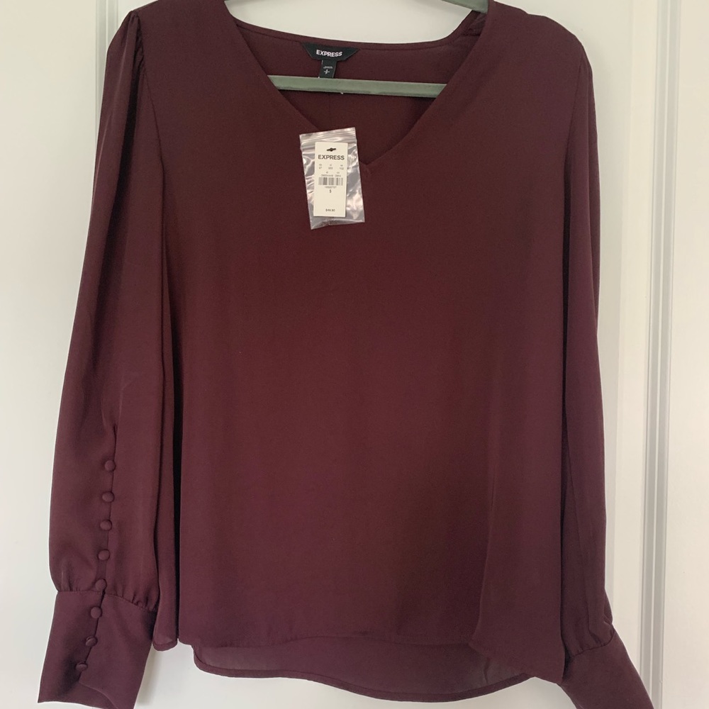 Express Puff Sleeve Button-Cuff V-Neck Blouse